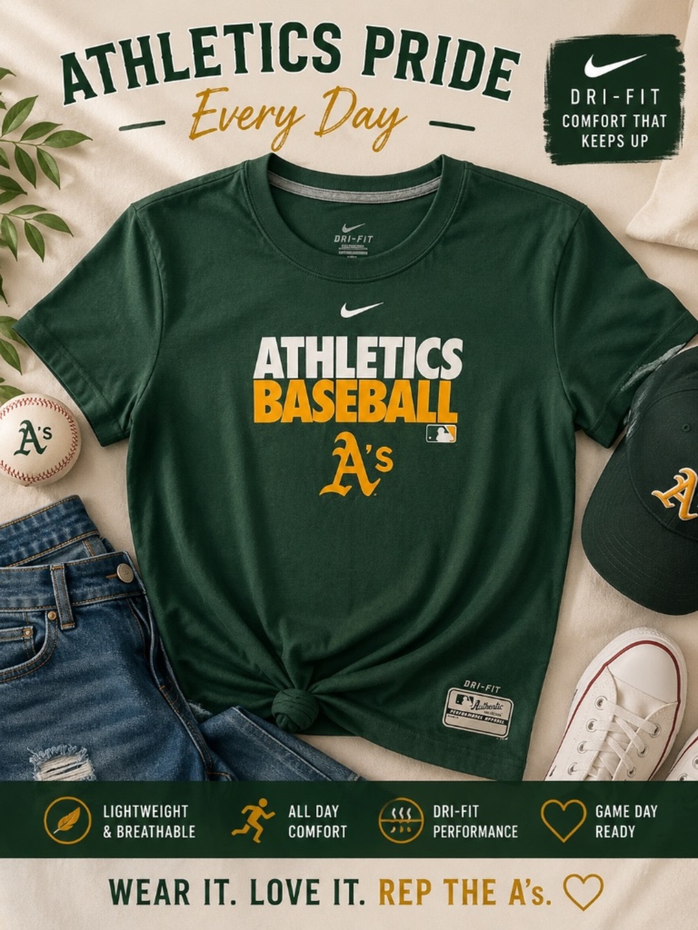 Nike Oakland Athletics A’s Dri-FIT Baseball Tee Women’s Large Green